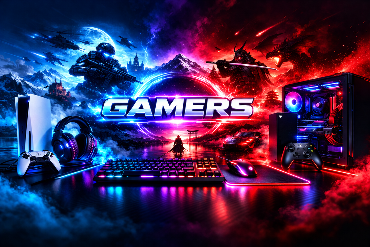 Gamers con setup de videojuegos online y offline en un entorno gaming moderno